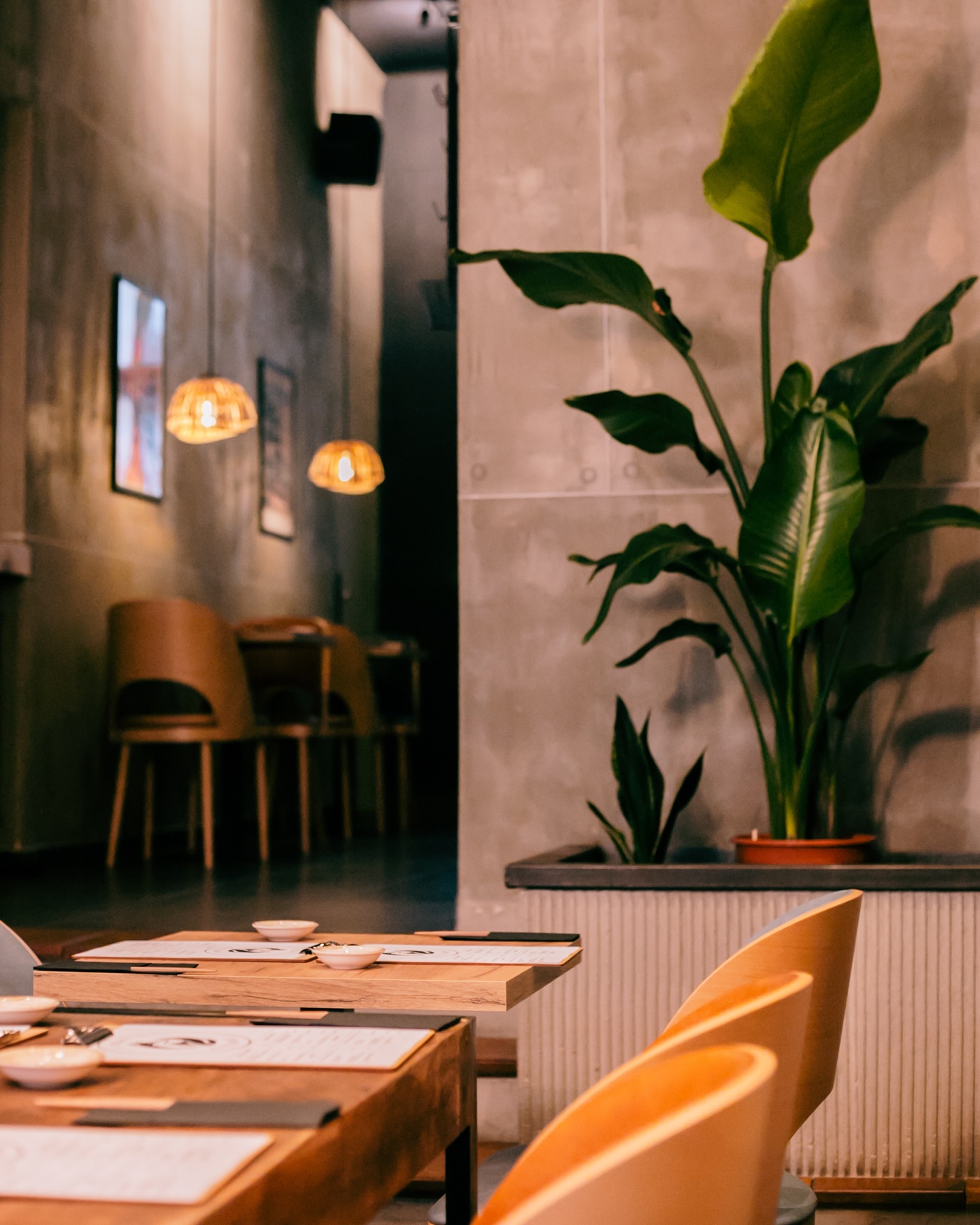 Wnętrze Yoshi Kitsune — ciepły, industrialny klimat z roślinami